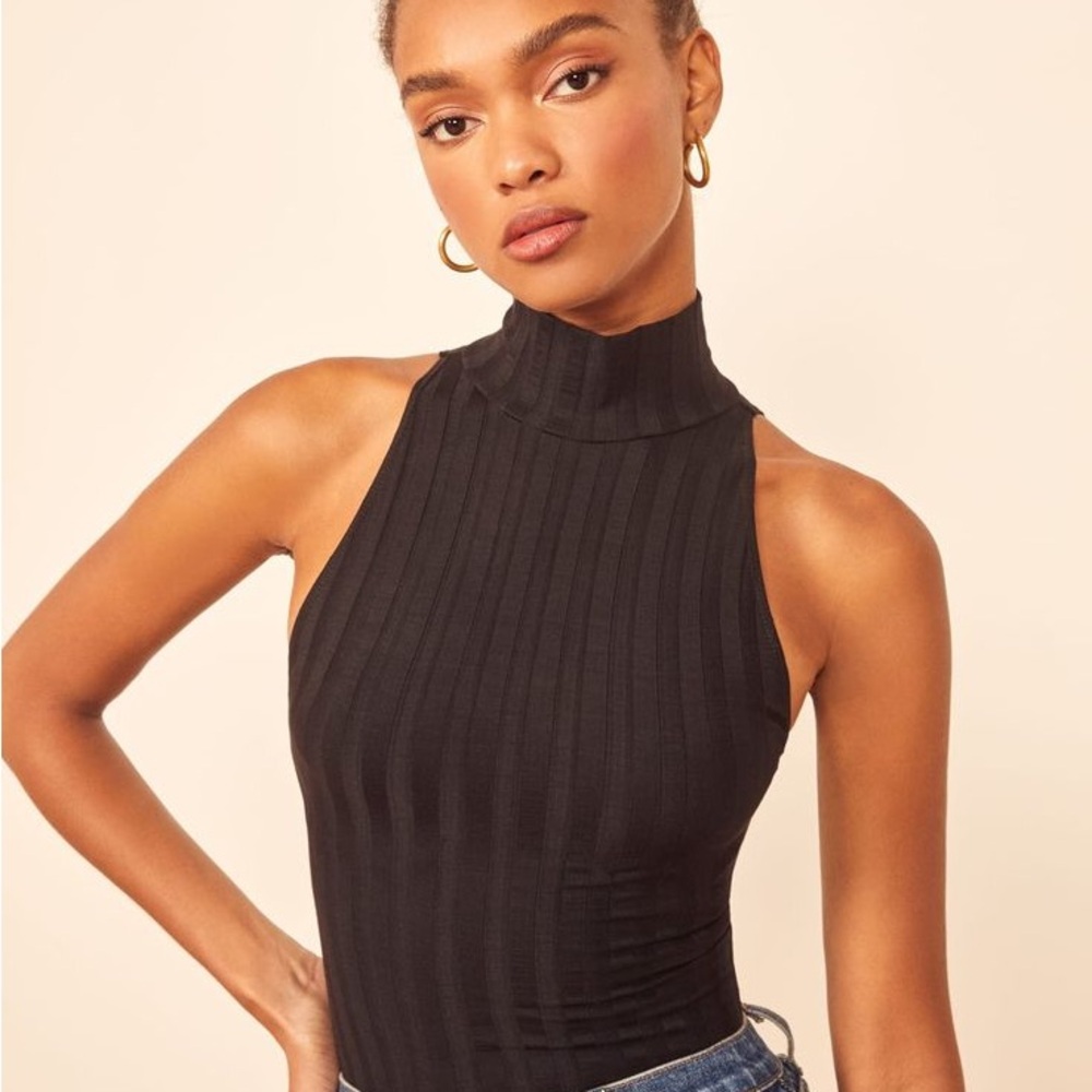 Reformation Black High-Neck Ribbed Bodysuit
